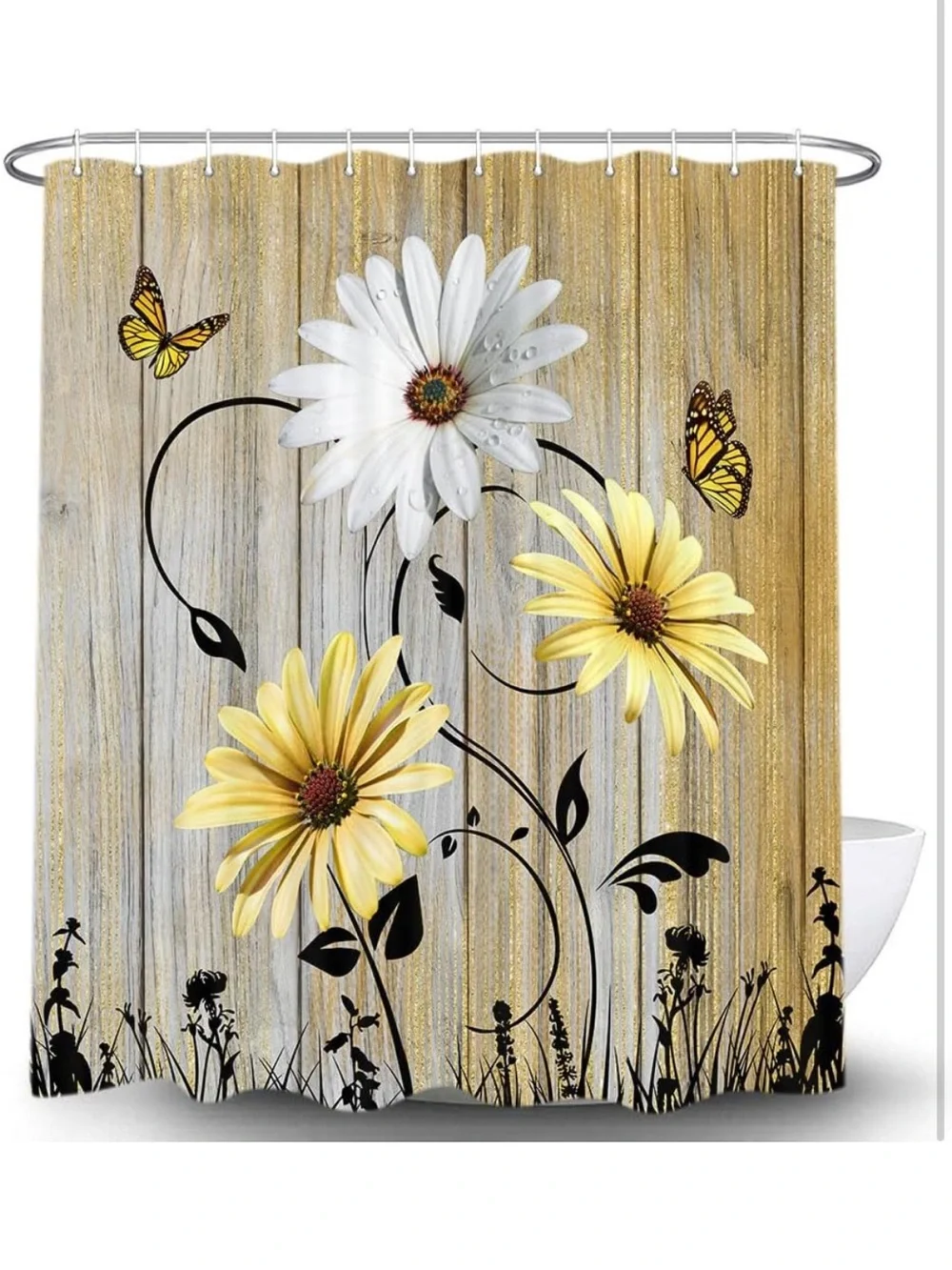 Rustic farmhouse Floral Daisy Butterfly Shower Curtain